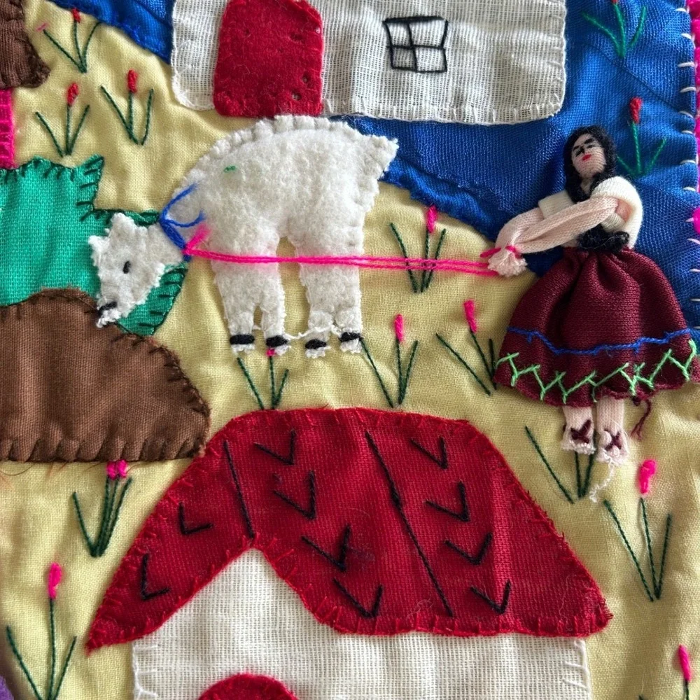 Vintage Handmade Peruvian Arpillera Folk Art Wall Hanging 3D Llama Village Fruit